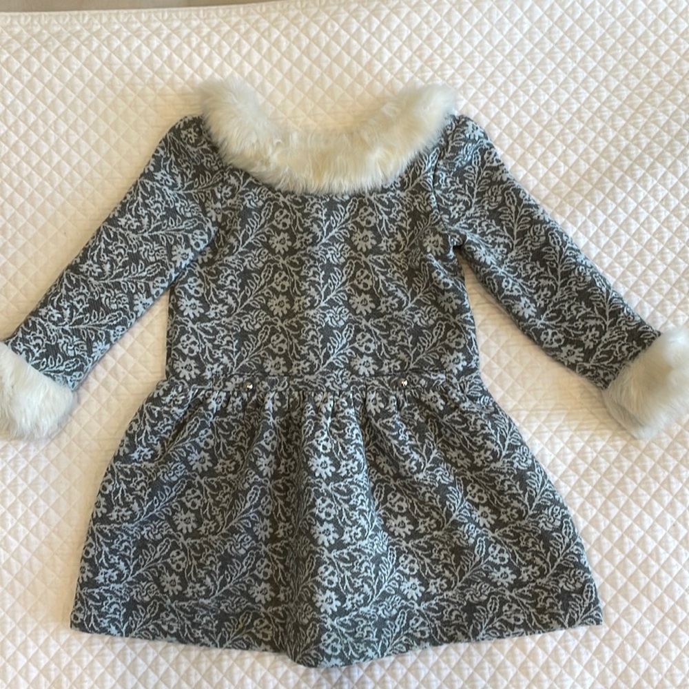 Janie and Jack Gray Floral Jacquard Dress with Ivory Faux Fur Trim